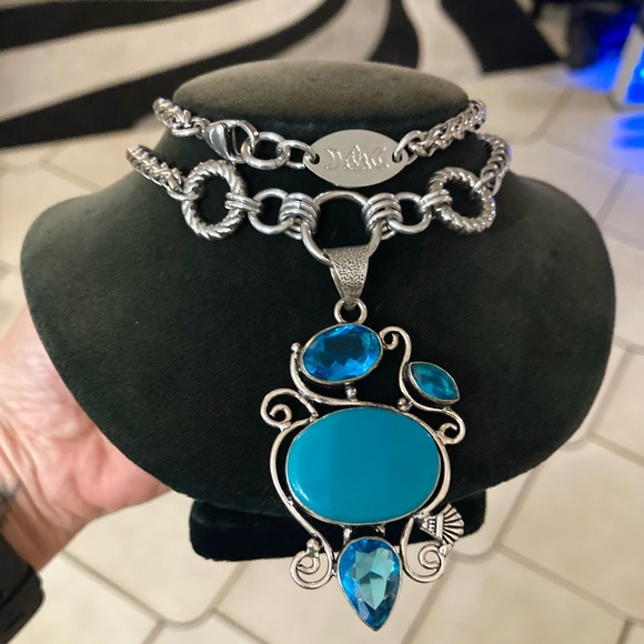 Blue topaz & blue agate turquoise color gemstone maille handmade boho necklace - Picture 12 of 15